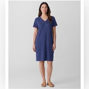 Eileen Fischer 100% Linen Lightweight Navy Blue V-Neck‎ Dress Casual Capsule